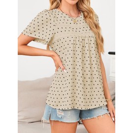 Falechay Babydoll Apricot-Black Dots Tops for Women Swiss Dots Cute Pom Pom Chiffon Floral Blouse Lace Boho Round Neck Short Sleeve M