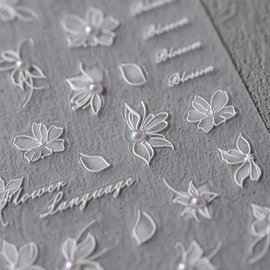 5D Embossed Flower Nail Stickers for Nail Art White Pearls Floral Nail Art Stickers Self-Adhesive Elegant Petals Wedding Nails Design Decals for Women Summer DIY Nail Supplies 1 Sheets