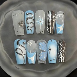 30Pcs Medium Press on Nails Coffin Fake Nails Silver Snake Glue on Nails with Star Butterfly Design Blue French Tip Stick on Nails Y2k False Nails Handmade Acrylic Nails for Women Manicure Supplies