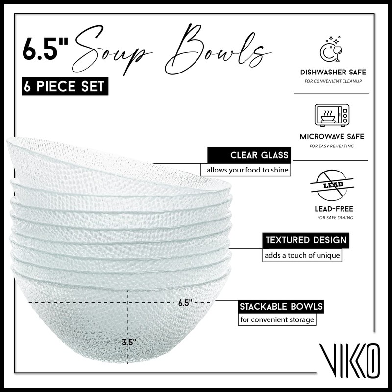Vikko Elegant Textured Glass Salad Bowls - Set of 6,