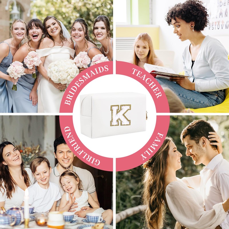 Bolsa de maquillaje con parche inicial personalizada, bolsa de chenilla