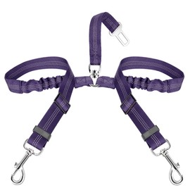 SlowTon Dog Seat Belt, Double Dog Seatbelt Adjustable Vehicle Safety Leash with Elastic Bungee Buffer, Reflective No Tangle Y Shape Two Dog Harness Seat Belt Splitter for Pets Car Trip (Purple, S)