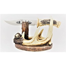BestGiftEver Carved Handle Decorative Deer Buck Blade Knife with Faux Antler Display Stand Hunting Cabin Home decoration