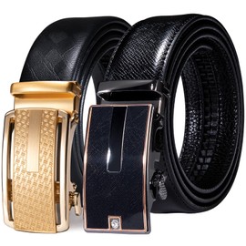 Barry.Wang 2 Pack Ratchet Belt for Men Black Grain Leather Gold Buckle Golf Belts Click Automatic Business Prom Trim To Fit