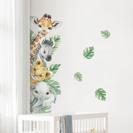 Tanlaby Jungle Animal Wall Tattoo Cartoon Animals Wall Sticker Giraffe Zebra Elephant Green Leaves Wall Sticker for Children Baby Room Living Room Bedroom Children's Room Home Wall Decoration
