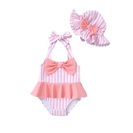 Infant Girl Swimsuit Baby Bathing Suit Set Pink One Piece Swimwear Bow Tie Strip Bikini 3-6 Months Baby Girl Swimsuit with Hat