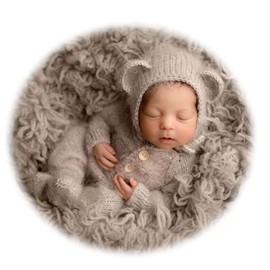Ederafoto 2Pcs Newborn Photography Props Boy Photo Posing Outfits Baby Photoshoots Costume Girl Crochet Bear Hat Romper (Grey)