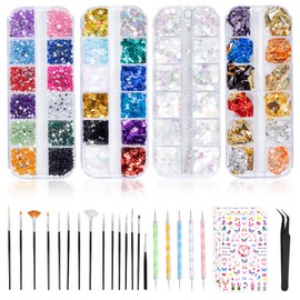 Kiperline 10,000 Pieces Rhinestone Nail Kit, 15 Pieces Nail Brush Nail Art Brushes, 5 Pieces Dotting Pens Dotting Tool Nail Art, 5 Pieces Nail Art Stickers, 4 Boxes of Coloured Rhinestones