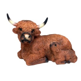 Darthome Lying Highland Cow With Baby Figurine Brown Resin Scottish Animal Coo Ornament