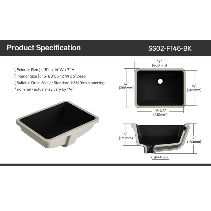 SmartSylva Black Undermount Bathroom Sink, 18 x 14 Inch Rectangular