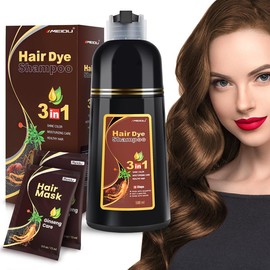 MEIDU 3 in 1 Black Hair Dye Shampoo - Herbal Ingredients Can cover gray hairs, Contains Ginseng Extract, Natural Haircoloring, Easter's Gift:_Dark Brown+2Hair Mask