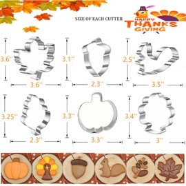 6 Pieces Thanksgiving Cookie Cutters, Fall Themed Holiday Cookie Cutter Shapes of Pumpkin,Maple Leaves,Oak Leaves,Turkey,Squirrel,and Acorn Cookie Cutters with Decorating Instructions