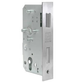 INTRA-TEC Ersatzschloss für Anschweißkästen – für 40er Rohr, Dorn 55 mm, Entfernung 72 mm, DIN L/R, Edelstahl-Stulpe 33 × 179 mm, PZ für Profilzylinder