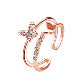 Dainty Butterfly Ring for Women Teen Girls Silver Rose Gold Double Butterfly Ring Adjustable Crystal Butterfly Knuckle Ring (Rose Gold)