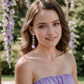 BriLove Wedding Bridal Dangle Earrings for Women Elegant Rhinestone Crystal Teardrop Chandelier Light Purple Silver-Tone