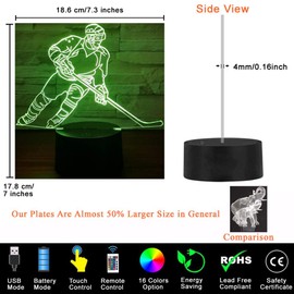 Comiwe Ice Hockey 3D Illusion Night Light Toy, Home Decor, LED Bed Side Table Lamp, 16 Colours, Changing Remote Control, Christmas Birthday Gift for Boys, Children, Friends, Family, Ice Hockey