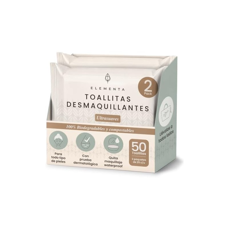 Elementa Toallitas Desmaquillantes, Toallitas Húmedas para Desmaquillar Ojos y Rostro,