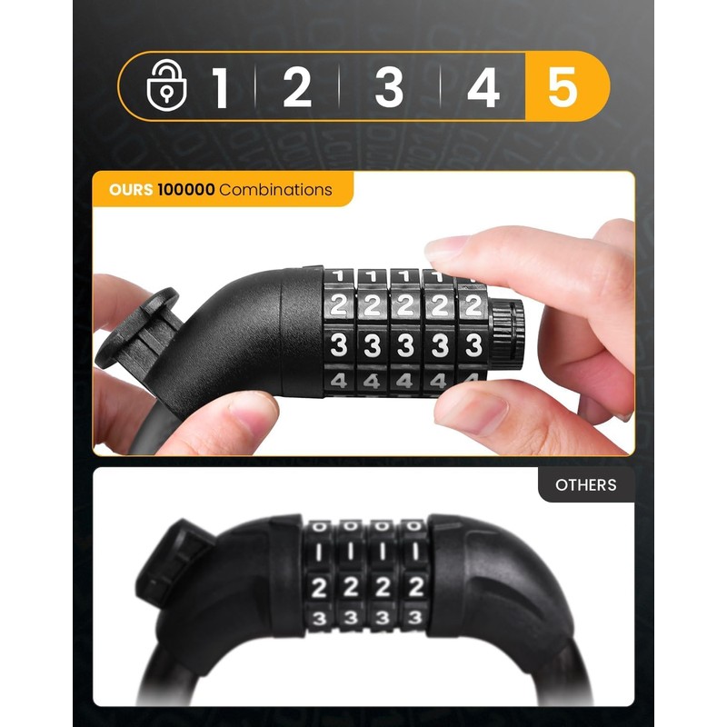KEYSTP 5-Digit Bike Lock Cable, Heavy Duty Resettable Combination Bicycle