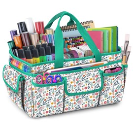 FINPAC Craft Storage Tote Bag with Multiple Pockets, Scrapbooking Carrying Case Storage Caddy with Handle for Sewing, Art, Desktop, Baby Care Supplies (Spring Bloom)