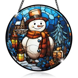 Snowman Stained Glass Window Hanging, Christmas Snowman Stained Glass Window Hanging, Snowflake Glass Ornam Decoration for Winter Holiday Party, Merry Christmas Glass Ornament Gift for Family Friend