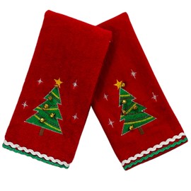 Serafina Home Holiday Christmas Bath Fingertip Towels, Embroidered Christmas Tree with Jingle Bells and Double Stitched Hem on Red, 2 Piece Set, 12 x 18 inches, 100% Cotton