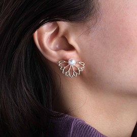 Enautoabs Boho Lotus Flower Ear Jacket Earrings Lotus Flower Stud Earrings Gold Pearl Front Back Earrings Minimalist Lotus Earrings Hollow Flower Earrings Jewellery for Women, Zinc, No Gemstone