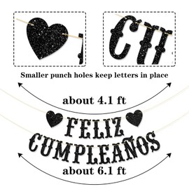 Feliz Cumpleaños Banner - Boy Girl Kid Adult Spanish Happy Birthday Party Garland Supplies - Fiesta Birthday Anniversary Party Decorations - Black Glitter