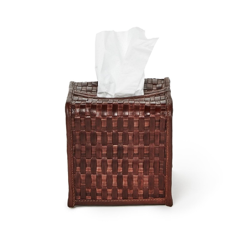 Two's Company Chestnut Woven Leather Tissue Box Cover, 5.5-Inch