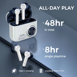 True Wireless Earbuds, OneOdio F2 Hi-Fi Stereo Headphones with Mics, Ergonomic Design, 48H Playtime, Portable Charging Case for Workout, Home, Office, Travel (F2-White1)