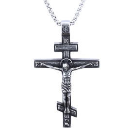BaBakiak Eastern Orthodox Cross Necklace, Jesus Crucifix Pendant, Stainless Steel Christian Jewelry for Men Women