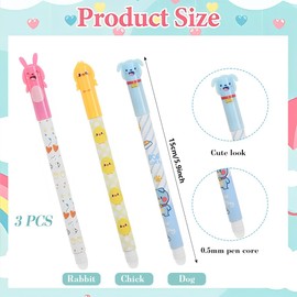 ZORTVUL Pack of 3 Gel Pens Erasable Black Ink Cute Cartoon Erasable Pen Tip 0.5 mm Lead Diameter Ball at the End for Removing the Ink Without Wearing Out the Sheet for Students School