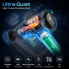 Muskelmassagepistole, 30 Geschwindigkeitsstufen, 6 Schlag-Massageköpfe zur Linderung von Muskelschmerzen, Körpermodellierung mit LCD-Touchscreen, tiefschwarz