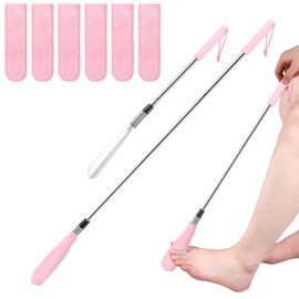 Velmitten Toe Cleaning Brush Lotion Applicator for Feet with 6 Reusable Drying Covers Foot Cleaner with Telescopic Stainless Steel 16-30 Inch Handle Toe Scrubber for Elderly Disabled Men Women (Pink)
