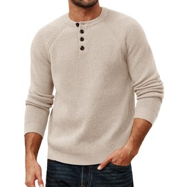 PJ PAUL JONES Men's Textured Sweaters Button Crewneck Pullover Sweater Waffle Knit Long Sleeve Sweaters Beige