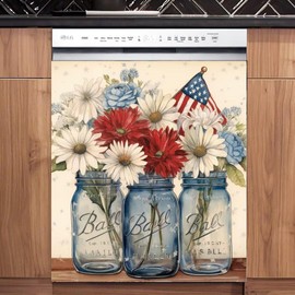 MLGB Mason Jar Daisies Kitchen Art Decor Dishwasher Magnet Cover, Country Floral Magnets Fridge Cover Decals, USA Flag Daisy Home Decor Dishwasher Sticker, 23" x 26" Magnetic