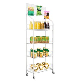 LIECARYAM Display Gridwall Panels w/Basket, 4Tier Retail Gridwall Panels Units Store Display Rack 4 Tier Mobile Retail Display Snack Storage Organizer Basket Cart+Hook White 19.6X10.6X55.0Inch