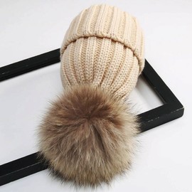 xsby Kids Beanie Pom Pom, Winter Warm Knit Hat Kid Crochet Fur Hairball Beanie Cap Beige 46-51cm