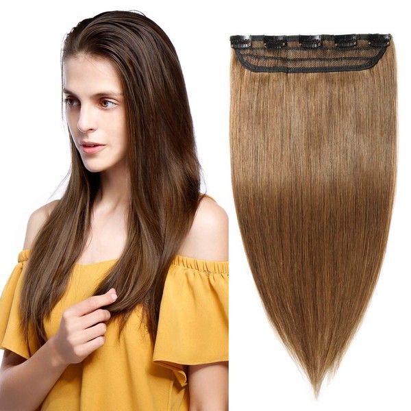 Clip in Remy Human Hair Extensions One Piece 5 clips 100% Remy Human Hair Straight Soft Extensions 3/4 FULL HEAD-Thicker(22"-100g,#06 Light Brown)