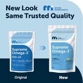 Micro Ingredients Supreme Omega-3 Fish Oil w/Ultra High EPA & DHA, Burpless Softgels | rTG Omega-3 with Vitamin D3 | Wild-Caught Cold Deep-Sea Fish | Lemon Flavor, Easy to Swallow, 60ct