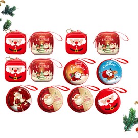 12pcs Christmas Tinplate Storage Bag Coin Purse Cartoon Storage Bag Xmas Tree Hanging Decor Mixed Pattern (6pcs Round+ 6pcs Square) Christmas Supplies
