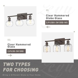 zeyu Farmhouse 3 Light Vanity Lighting, 21.4'' Bathroom Mirror Wall Light, Oil Rubbed Bronze Finish with Clear Hammered Globe Glass, ZJF63BG-3W ORB-WG