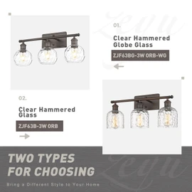 zeyu Farmhouse 3 Light Vanity Lighting, 21.4'' Bathroom Mirror Wall Light, Oil Rubbed Bronze Finish with Clear Hammered Globe Glass, ZJF63BG-3W ORB-WG