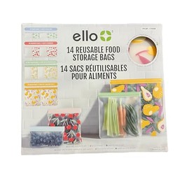 Ello 14 Reusable Produce Bags, Assorted Sizes (Snack, Sandwich, Half Gallon), Zipper Closure, PEVA Material, Multicolored, Leak Resistant, Dishwasher Safe