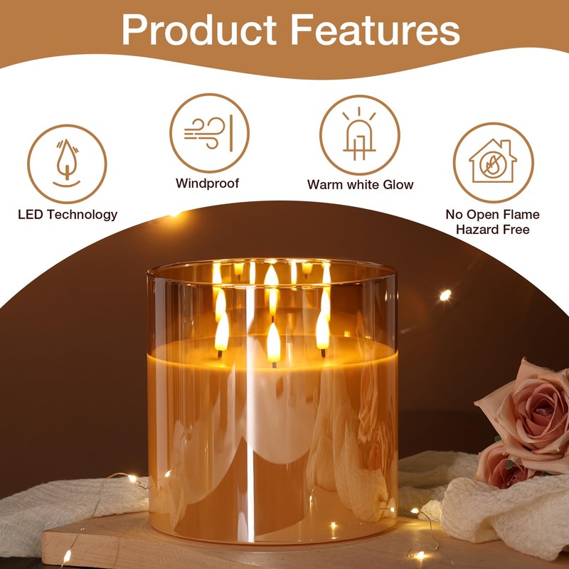 Eywamage 3 Wick Gold Glass Flameless Candle with Remote, Large
