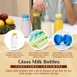 10 oz Glass Milk Bottles with Lids & Straws (9 Pack) Small Airtight Glasses with Caps, Reusable Juicing Bottles for Yogurt, Water, Juice, Smoothies, Drinking, Kids Lunch, Mini Vintage Jars, Container