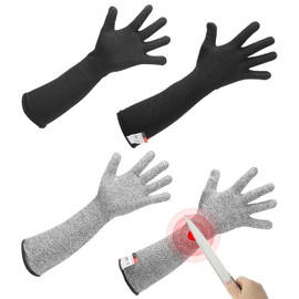 sourcing map Cut Resistant Sleeves with Gloves, 42cm Arm Protection Sleeve HPPE Farmer Gardening Sleeves for Work Kitchen Welding Farming, Black-Gray, Pair of 2