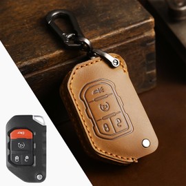 Aoocar 2018-2025 Flip Type Leather Key Fob Cover, Compatible with Jeep Wrangler JL JLU Rubicon Wagoneer Gladiator JT Sahara JLU etc, Retro Style Design Key Holder Protector (Brown)