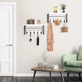 BSTHOK Mounted Coat Rack with Shelf, 44cm, Metal Hooks, Rustic Wood, for Bathroom, Bedroom, Living Room (White-2pack)