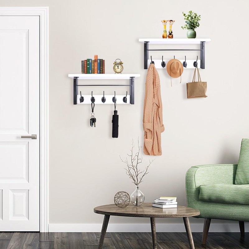 BSTHOK Mounted Coat Rack with Shelf, 44cm, Metal Hooks, Rustic