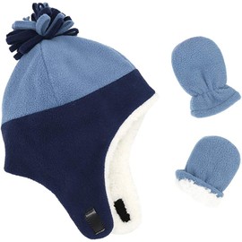 Baby Winter Hat Mittens Toddler Hats for Boys Girls Sherpa Lined Toddler Gloves Infant Baby Hat and Mitten Set (2-5 Years, Blue-Flower)